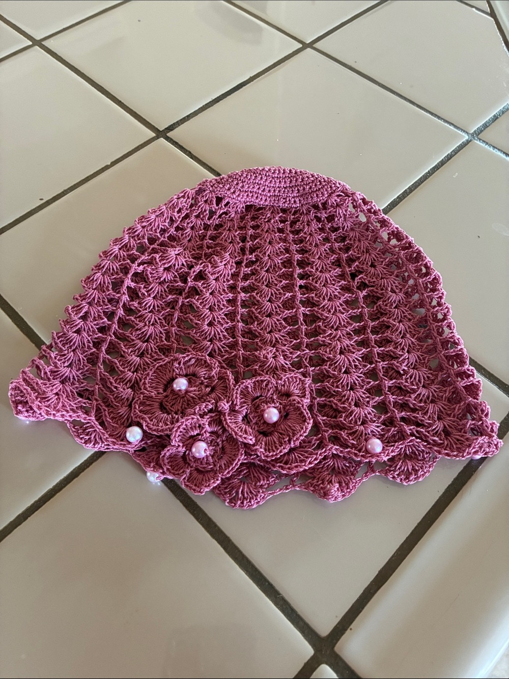 Hand-Crocheted Pink Floral Accent Beanie